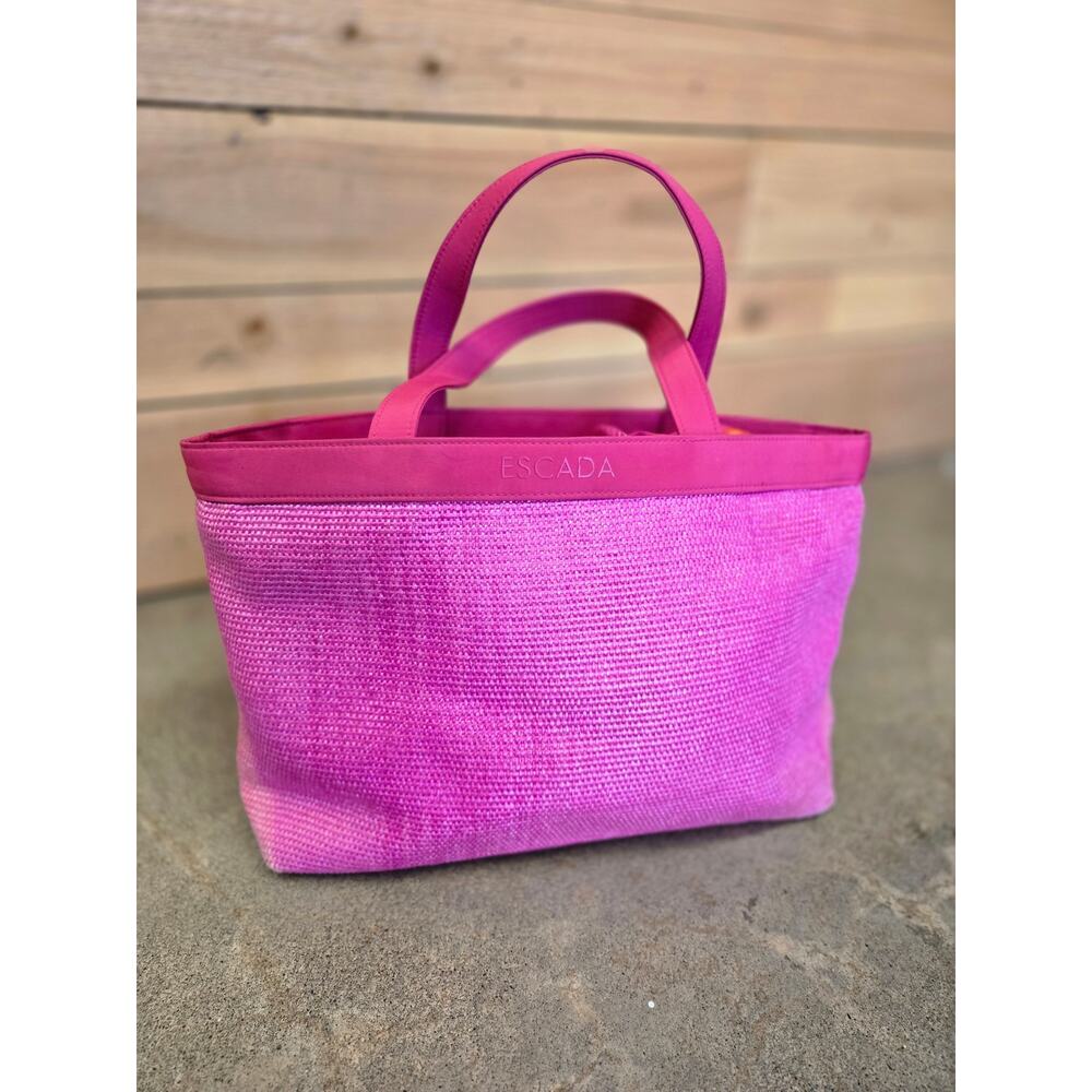 Escada Barbiecore Pink Woven Straw Leather Trim‎ Summer Beach Tote Bag OS